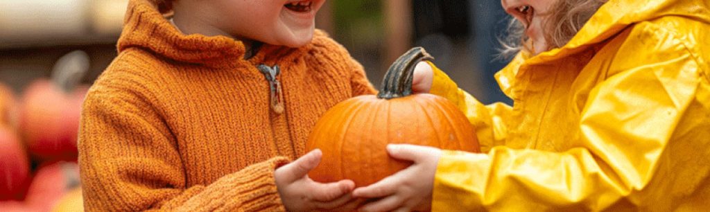 banner pumpkin picking at party posing at Lower Drayton Farm, Birmingham attractions, October 2024, UK