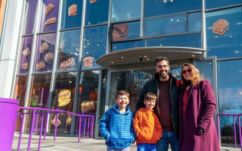 family posing at Cadbury World, Birmingham holiday trip, September 2024, UK