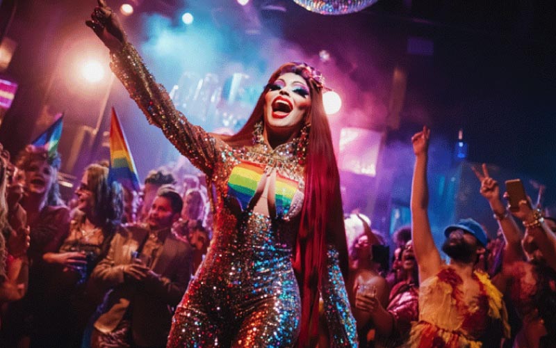 friends cheering on a drag performer at a Club, Birmingham nightlife, October 2024, UK