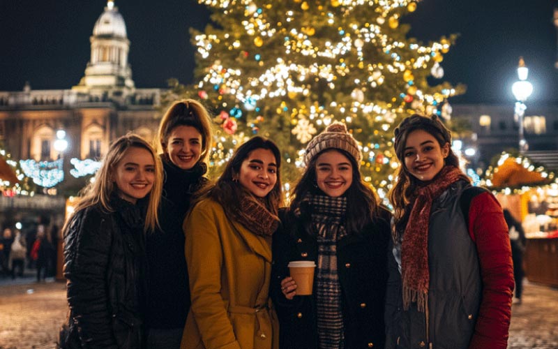 friends posing together beside the Victoria Square Christmas Tree, Birmingham Christmas, September 2024, UK