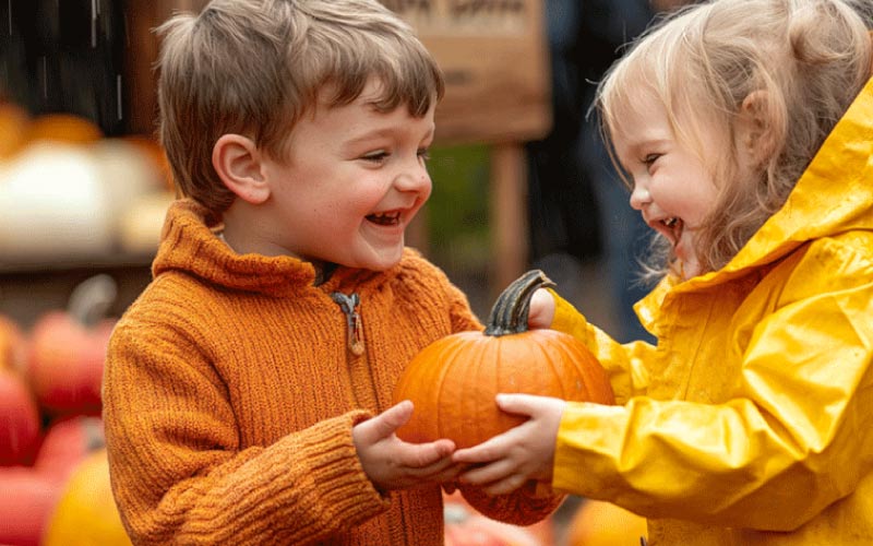 pumpkin picking at party posing at Lower Drayton Farm, Birmingham attractions, October 2024, UK