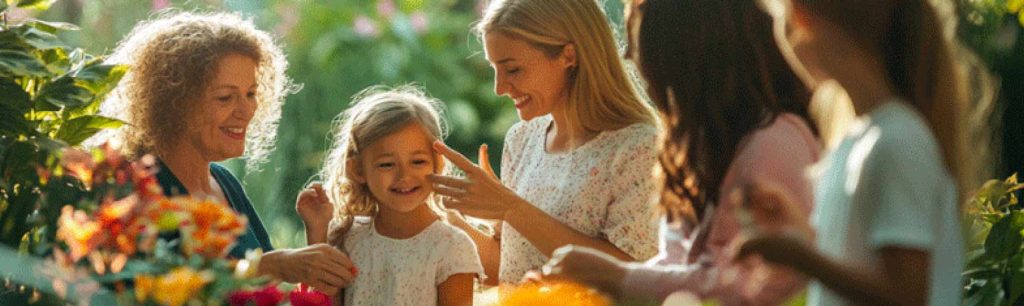 banner many [group day out ] mothers and daughters looking at plants and flowers, Birmingham gardens, November 2024, UK