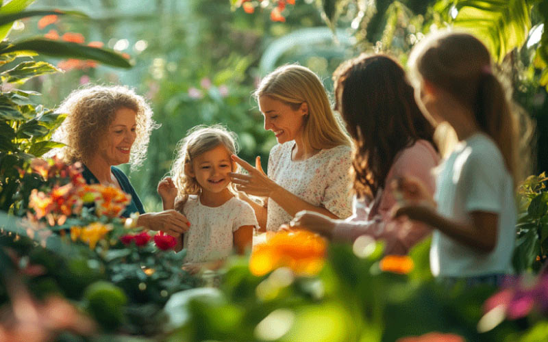 many [group day out ] mothers and daughters looking at plants and flowers, Birmingham gardens, November 2024, UK