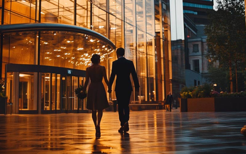 romantic couple entering The Symphony Hall, Birmingham Valentine’s Day, October 2024, UK