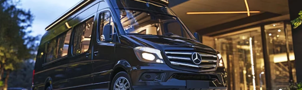 A sleek modern minibus parked in central Birmingham, ready for a group tour, minibus hire in Birmingham