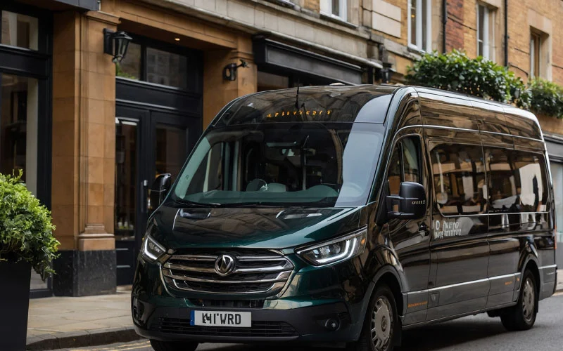 A modern minibus parked near a Birmingham landmark, ready for group hire.