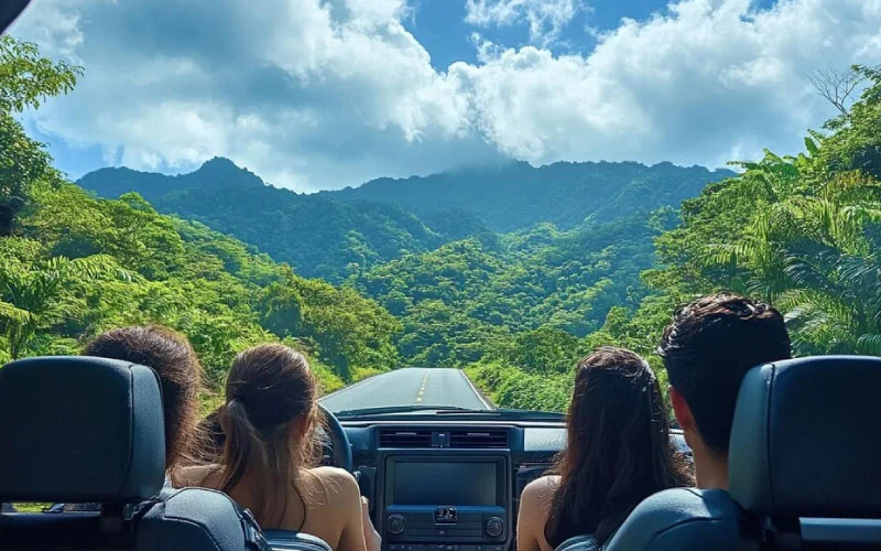 Luxury coach traveling through scenic countryside on a group day tour, offering comfort and stress-free travel.