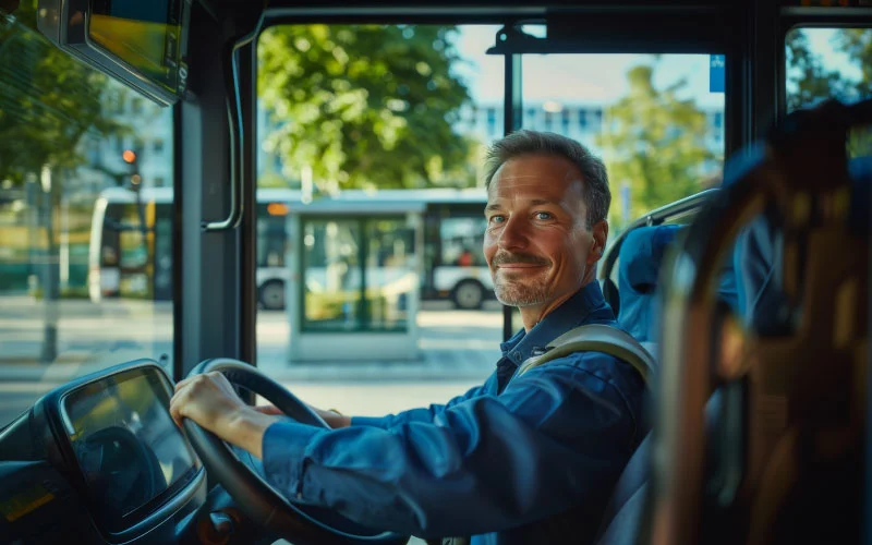 Modern corporate shuttle bus in Birmingham with professional driver.