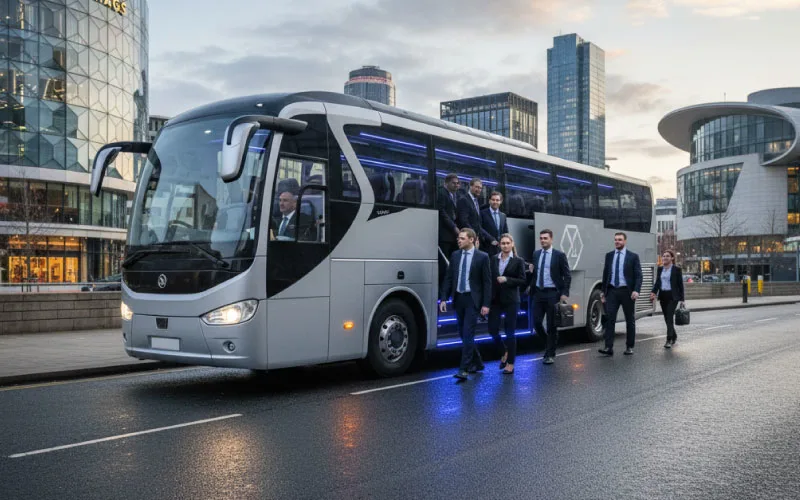 Corporate employees boarding a modern coach hire vehicle for group business travel in Birmingham
