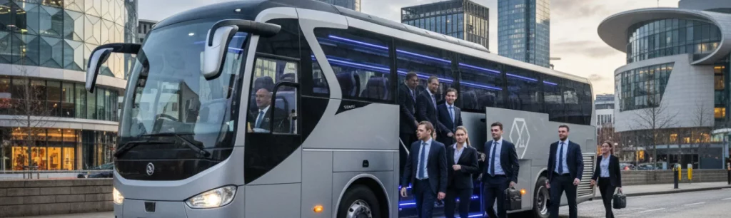 Corporate employees boarding a modern coach hire vehicle for group business travel in Birmingham