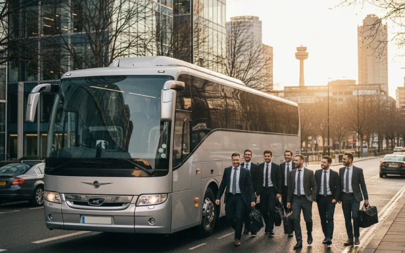 Corporate team boarding a luxury coach for their year-end event in Birmingham.