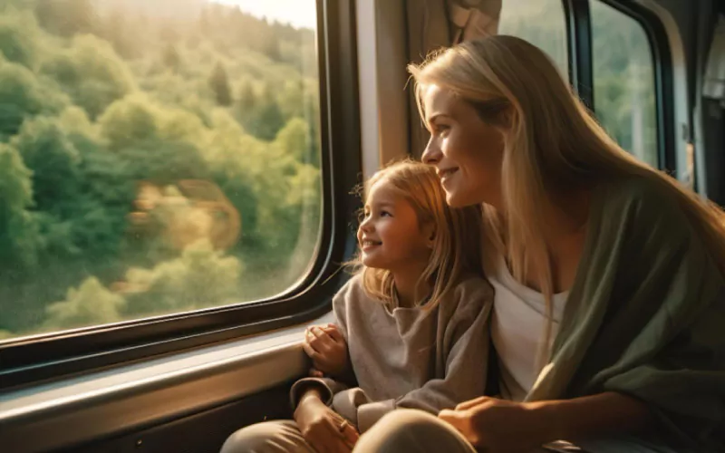 One middle-aged woman and her children having afternoon tea, Mother’s Day transport, December 2024, UK