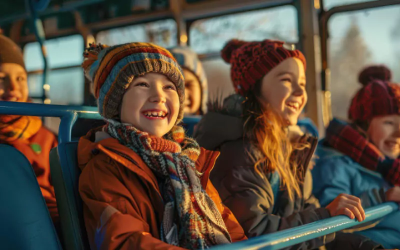 school children enjoying Thinktank, school transport, December 2024, UK